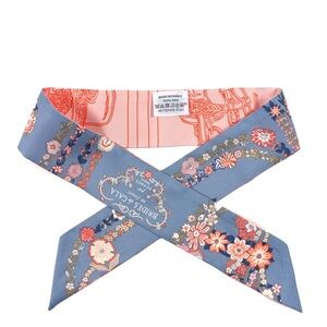 Hermes Silk Brides De Gala En Fleurs Twilly Blue Jean Rose Saumon